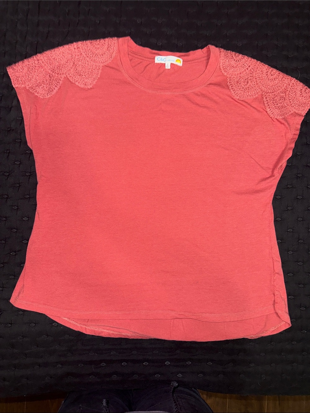 C&C California Coral Lace-Shoulder Short Sleeve Tee